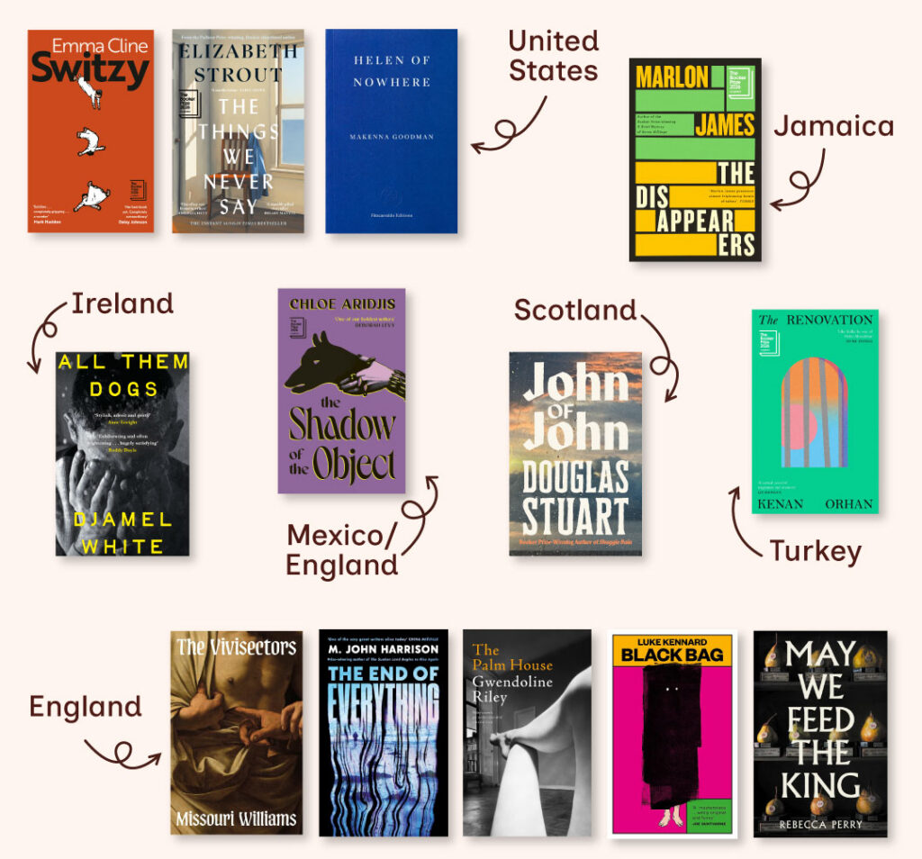 The 13 books longlisted for the 2026 Booker Prize, grouped by their authorsā countries of heritage: United States, Jamaica, Ireland, Mexico/England, Scotland, Turkey and England.